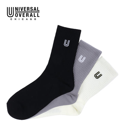 UNIVERSAL OVERALL メンズ 3P ソックス クルー丈サイドUOロゴ LU-374